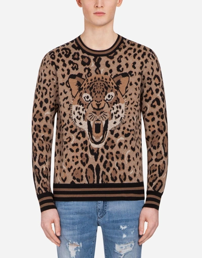 Dolce & Gabbana Jacquard Wool Knit With Patch In Leopard