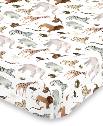Macy's Water Color Jungle Friends Fitted Super Soft Crib Sheet Bedding In Beige