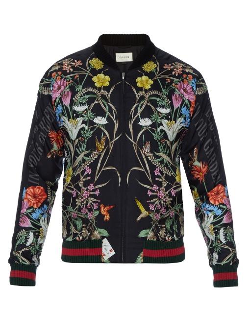 Gucci Floral-print Embroidered Silk Bomber Jacket In Black | ModeSens