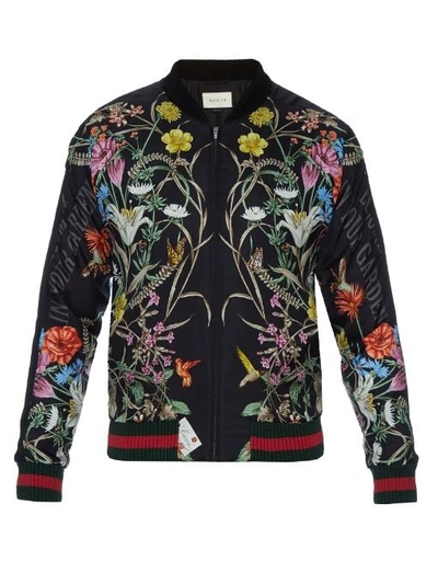 Gucci Floral-print Embroidered Silk Bomber Jacket In Black