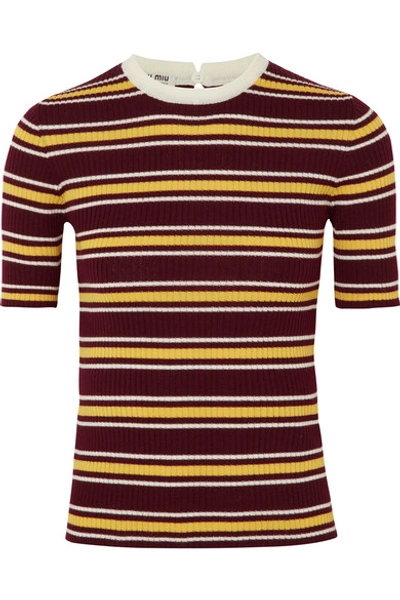 Miu Miu Striped Ribbed Wool Sweater In Burgundy