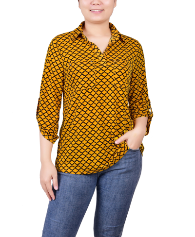 Ny Collection Women's 3/4 Ruched Sleeve Studded Y-neck Top In Golden Glow Black Fleur De Lis