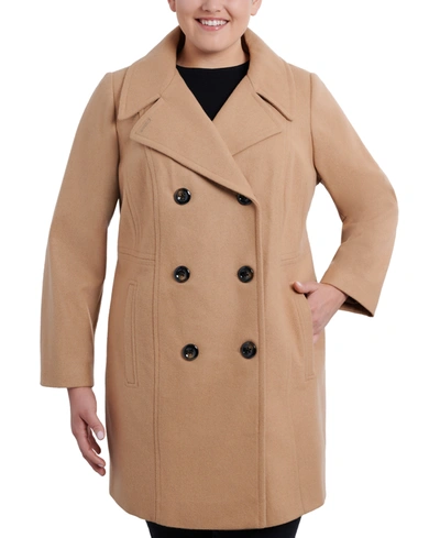 Anne Klein Women's Petite Double-breasted Peacoat, Created For Macy's In Camel