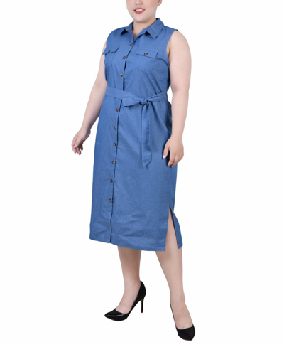 Ny Collection Plus Size Sleeveless Belted Chambray Dress In Med Denim