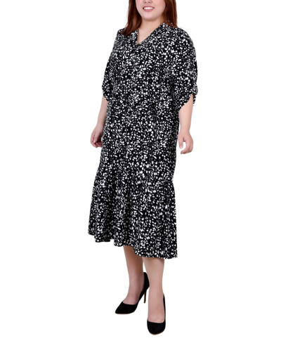 Ny Collection Petite Long Sleeve Tiered Dress With Belt In Multi