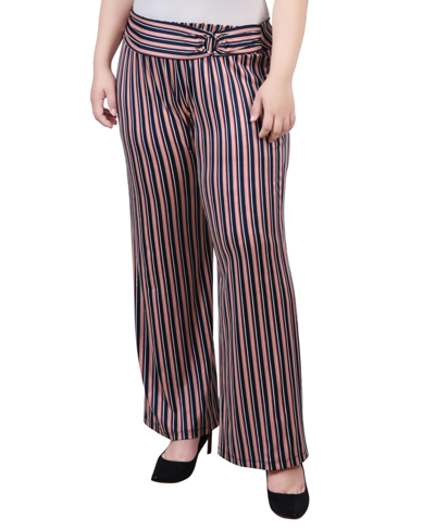 Ny Collection Plus Size Cropped Pull On Pants With Faux Belt In Black Coral Stripe