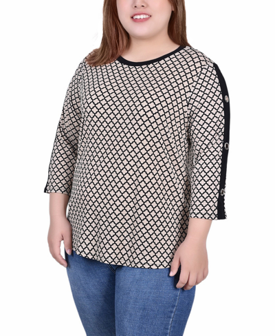 Ny Collection Plus Size 3/4 Sleeve Top With Combo Bands And Grommets In Doeskin Quatrefoil