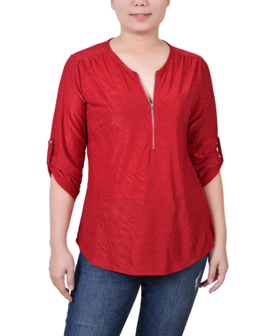 Ny Collection Women's 3/4 Roll Tab Zip Front Jacquard Knit Top In Red