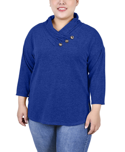 Ny Collection Plus Size 3/4 Sleeve Crossover Cowl Neck Top In Blue