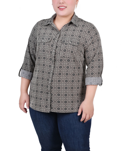 Ny Collection Plus Size 3/4 Sleeve Roll Tab Notch Collar Blouse In Black And Doeskin Floral Iconic