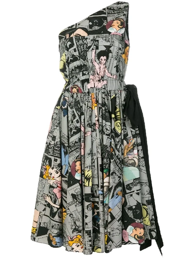 Prada Comic-print One-shoulder Cotton Dress In Multicolour