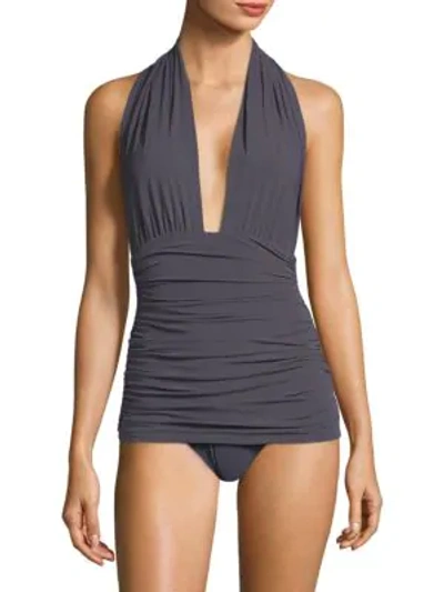 Norma Kamali Bill Shirred Halter Maillot Swimsuit In Pewter