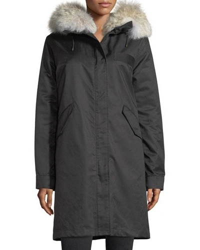 Yves Salomon Mid-length Fur-trim Parka Coat In Black