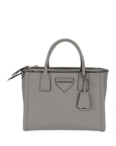 Prada Leather Carryall With Wide Shoulder Strap In Light Gray