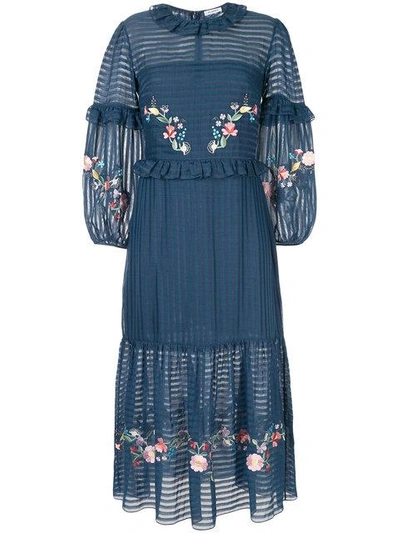 Vilshenko Floral Embroidered Frill Trim Dress In Navy / Multi