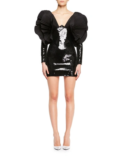 Saint Laurent Wide V-neck Sequined Mini Cocktail Dress With Large Pleated Detail