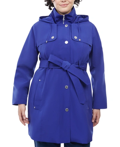 London Fog Women's Plus Size Hooded Belted Raincoat In Indigo