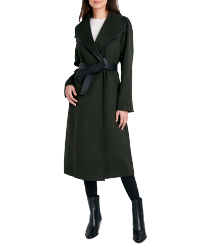 Tahari Women's Plus Size Faux-leather-trim Belted Wrap Coat, Created For Macy's In Olive