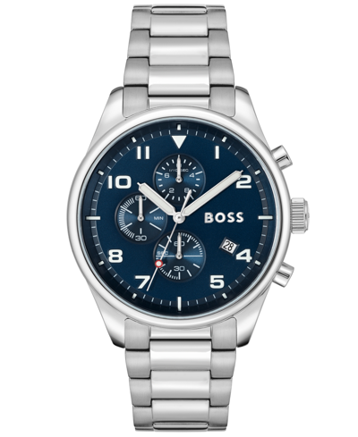 Hugo Boss Men's View Silver-tone Stainless Steel Bracelet Watch, 44mm Women's Shoes