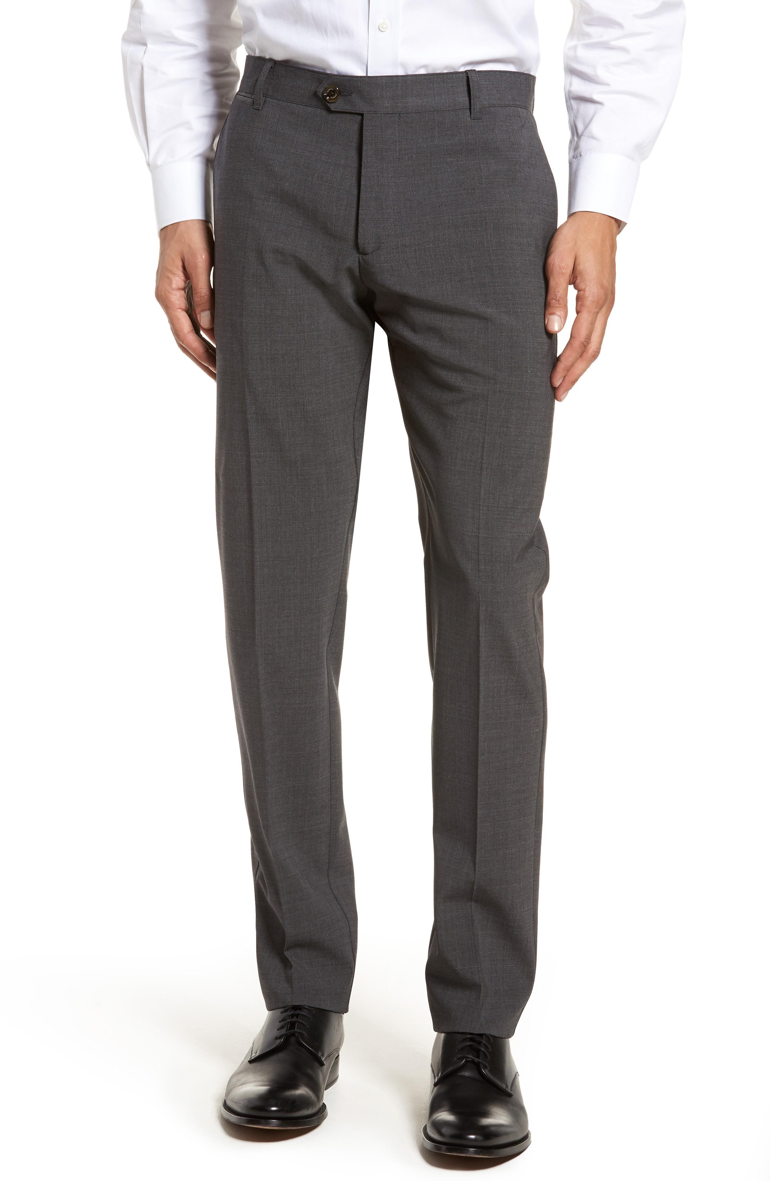 Eleventy Flat Front Stretch Solid Wool Trousers In Dark Grey | ModeSens