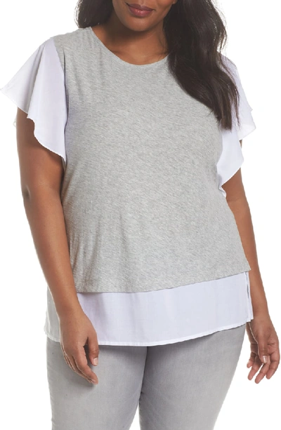 Vince Camuto Ruffle Sleeve Mix Media Top In Grey Heather