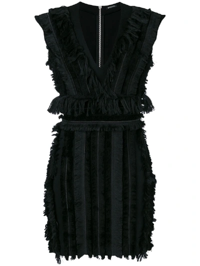 Balmain Fringe Stretch Cotton Minidress In Black