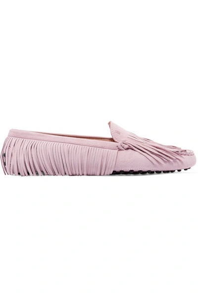 Tod's Gommino Fringed Suede Loafers In Pink