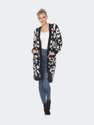 White Mark Plus Size Leopard Print Open Front Sherpa Sweater In Black