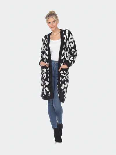 White Mark Plus Size Leopard Print Open Front Sherpa Sweater In Black,white