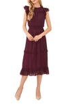 Cece Ruffled Swiss Dot Midi Dress In Rich Cabernet