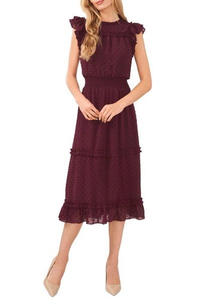 Cece Ruffled Swiss Dot Midi Dress In Rich Cabernet