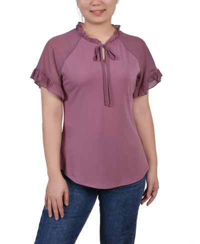 Ny Collection Women's Short Ruffled Sleeve Crepe Knit Top With Chiffon Sleeves In Lilas