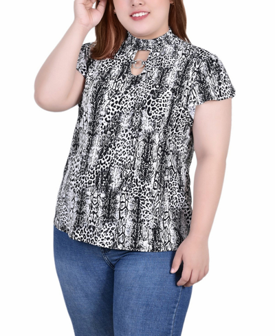 Ny Collection Plus Size Short Flutter Sleeve Mock Neck Top In Black Leosnake