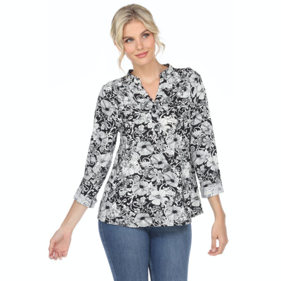 White Mark Pleated Long Sleeve Floral Print Blouse In Black