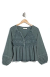 Lucky Brand Women's Textured Smocked Long-sleeve Babydoll Top In Balsam Green