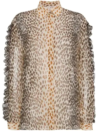 Marco De Vincenzo Silk Animal Print Blouse With Ruffles In Brown