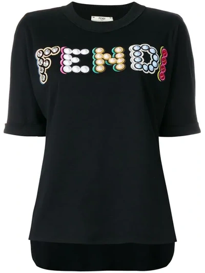 Fendi Embellished Cotton T-shirt In Black