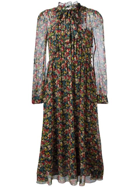 Red Valentino Floral-print Long-sleeved Silk-crépon Dress In Black ...