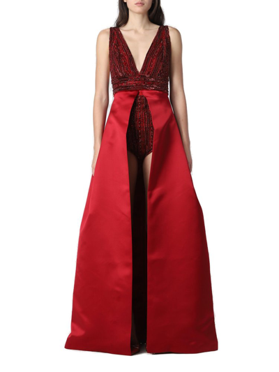 Elisabetta Franchi Crystal-embellished Plunge Gown In Rot