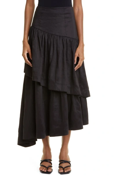 Aje Romy Tiered Asymmetric Linen Blend Midi Skirt In Black