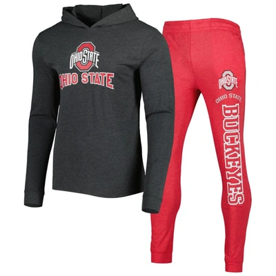 Concepts Sport Scarlet/heather Charcoal Ohio State Buckeyes Meter Long Sleeve Hoodie T-shirt & Jogge In Scarlet,heathered Charcoal