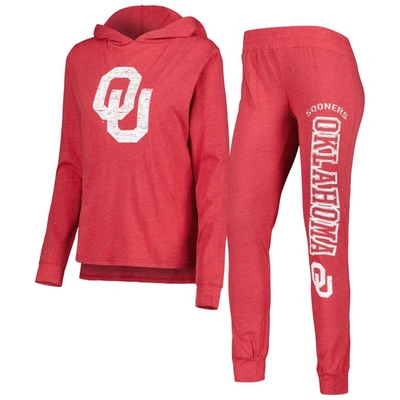 Concepts Sport Women's  Crimson Distressed Oklahoma Sooners Long Sleeve Hoodie T-shirt And Pants Slee