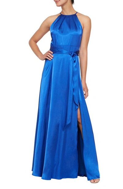 Alex & Eve Sleeveless Tie Waist A-line Gown In Royal