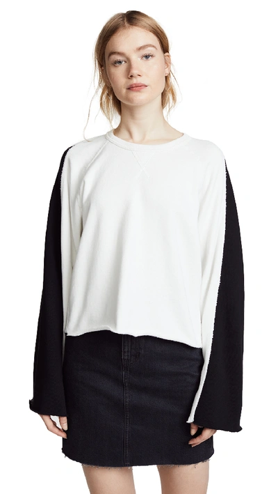 7 For All Mankind Flare-sleeve Crop French Terry Sweatshirt In White/black
