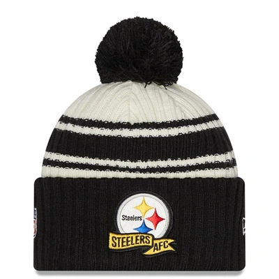 New Era Kids' Youth  Cream/black Pittsburgh Steelers 2022 Sideline Sport Cuffed Pom Knit Hat