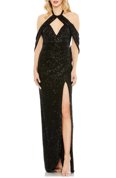 Ieena For Mac Duggal Sequined Draped Sleeveless Keyhole Cowl Back Gown In Black