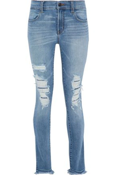 J Brand Distressed Mid-rise Skinny Jeans In Mid Denim