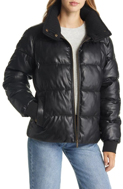 Sam Edelman Faux Leather Puffer Jacket With Ribbed Collar In Black