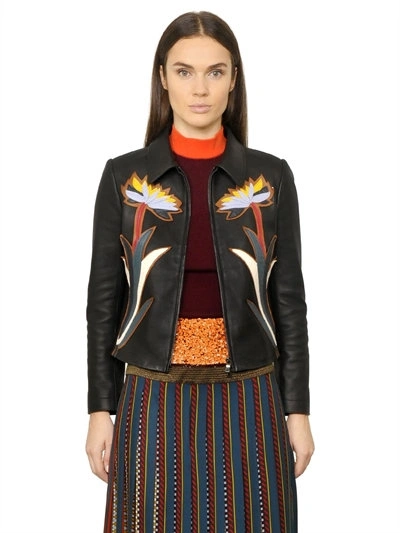 Tory Burch Maddie Flower Patches Leather Jacket, Black | ModeSens
