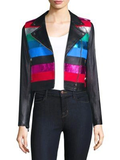 The Mighty Company Stripe Rainbow Leather Jacket In Black Multi